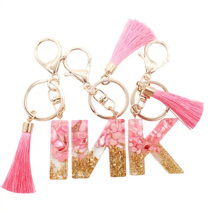 Valentine Gift Custom Pink Plush Letter Acrylic Resin Tassel Glitter Bag Keychain Handmade Pendant Car Keychain