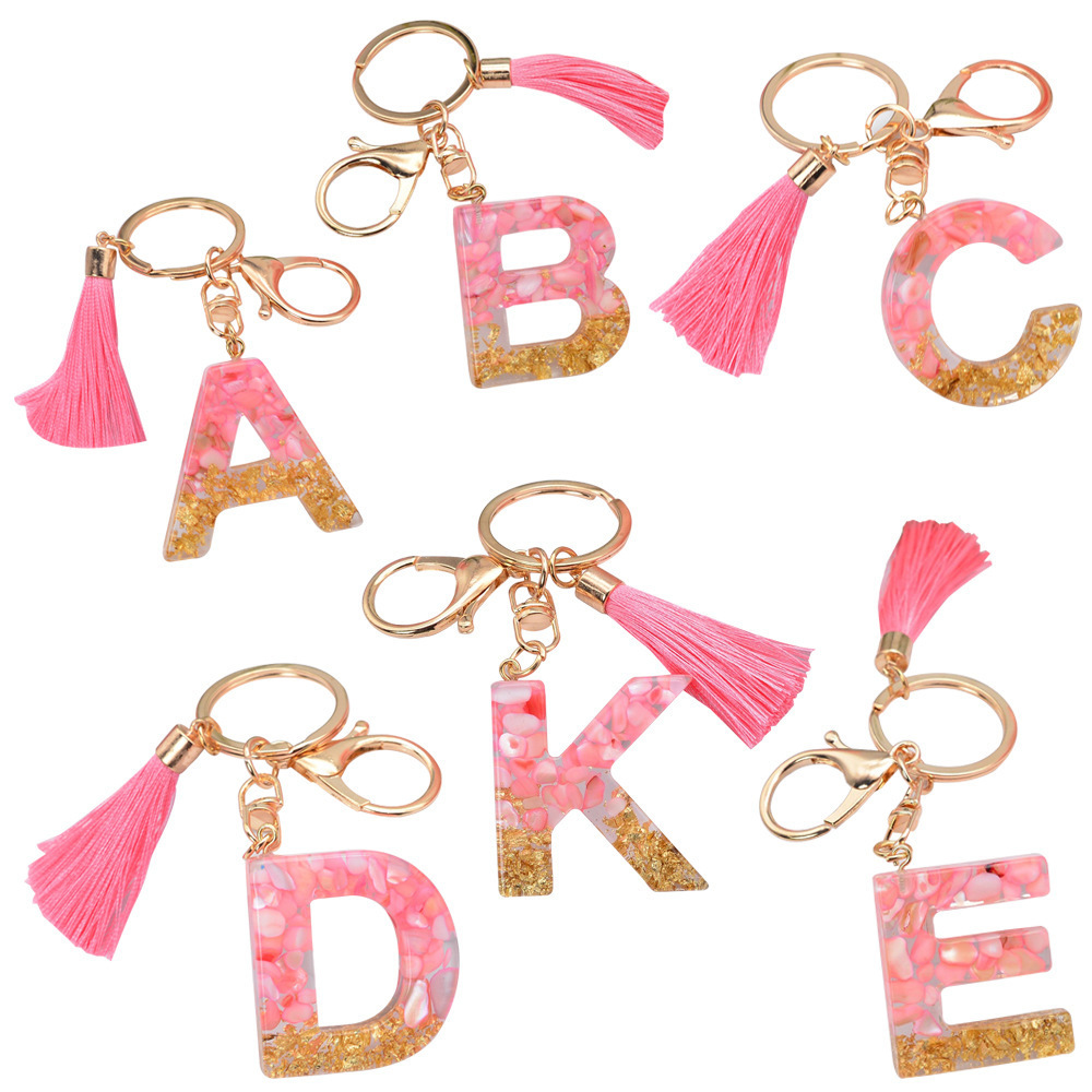 Valentine Gift Custom Pink Plush Letter Acrylic Resin Tassel Glitter Bag Keychain Handmade Pendant Car Keychain