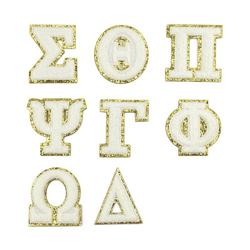 Hot Sale Delta Chenille Glitter Patches Greek Letter Sorority Fraternity Glitter Patches Iron On Self Adhesive Backing