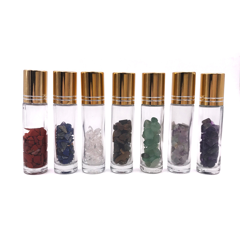 Empty Gemstone Roller Bottle 10ml Essential Oil Perfume Glass Roll On Bottle With Colorful Roller Ball