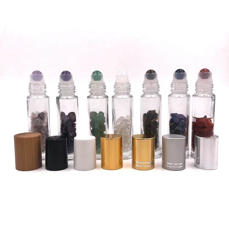 Empty Gemstone Roller Bottle 10ml Essential Oil Perfume Glass Roll On Bottle With Colorful Roller Ball