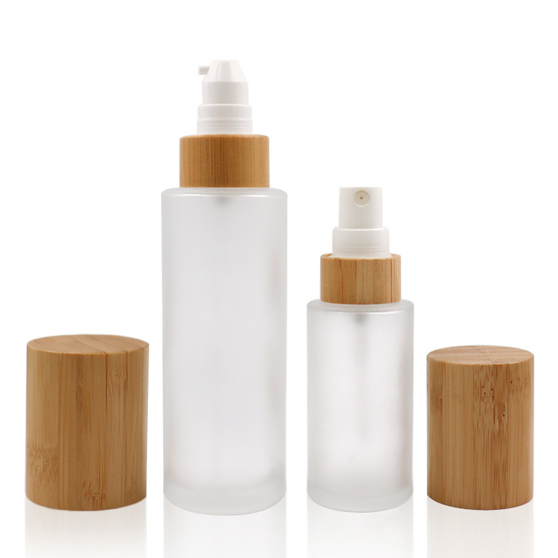 Empty bamboo cosmetic packaging 30ml 50ml 60ml 80ml 100ml 120ml fine mist lotion frosted glass spray bottle with wood bamboo lid