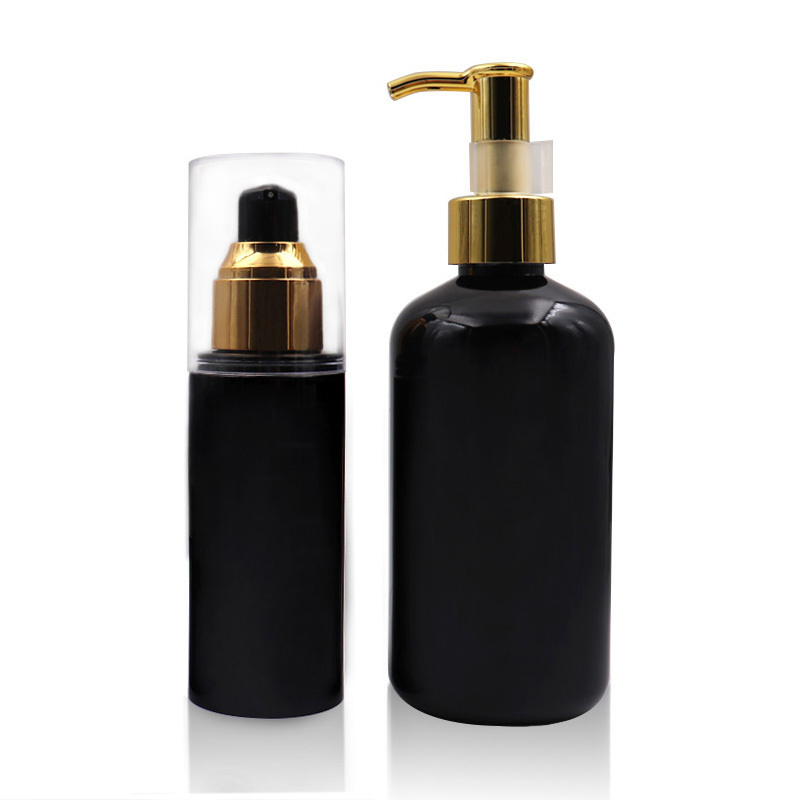 100ml 250ml PET plastic black airless cosmetic skincare lotion pump bottle with gold pump lid