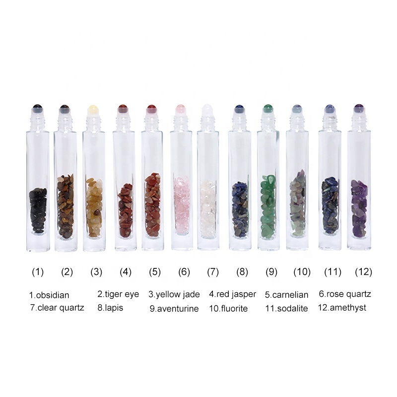 Empty Gemstone Roller Bottle 10ml Essential Oil Perfume Glass Roll On Bottle With Colorful Roller Ball