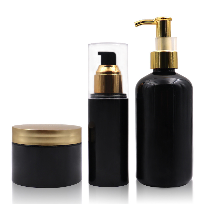 100ml 250ml PET plastic black airless cosmetic skincare lotion pump bottle with gold pump lid