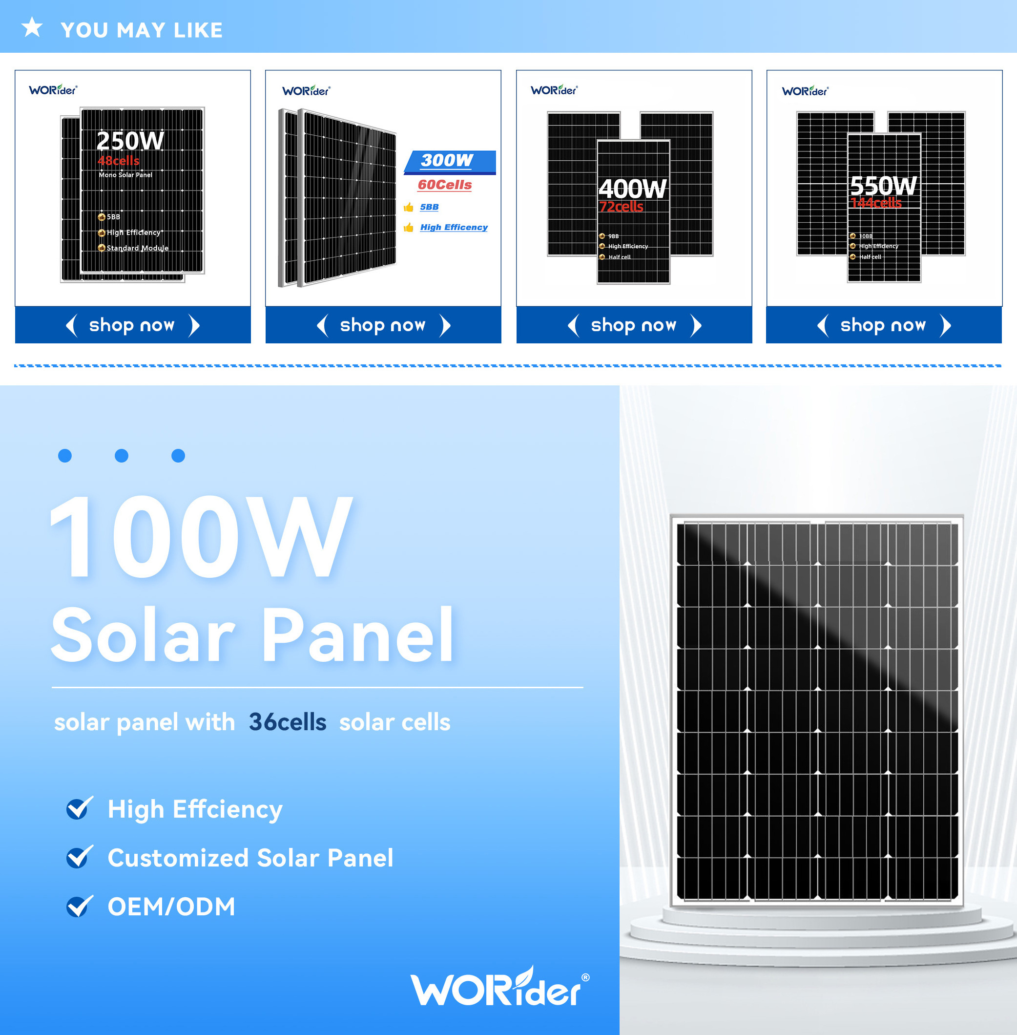 Custom Solar Panel 36 60 Cell 12V 24V 100W 150W 160W 200W 270W 150 W Mono Cristallin Solar Panel Europe Stock