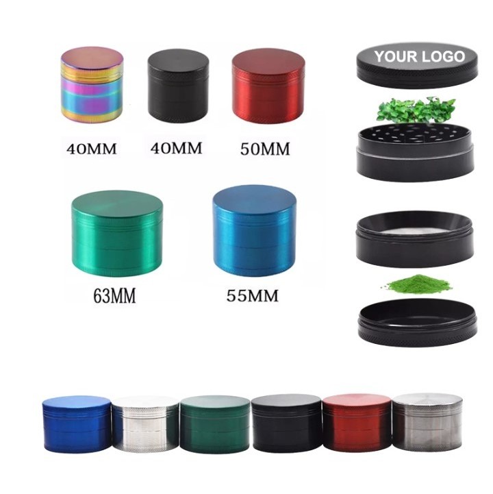 Qianxun Wholesale High Quality OEM/ODM 4 Layers 40mm/50mm/55mm/63mm/75mm Zinc alloy Colorful Metal Tobacco Dry Herb Grinder