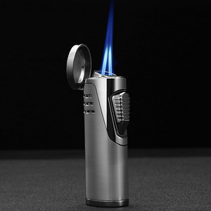 Qianxun High-Grade Metal Cigar Lighters Multi-Function Cigar Punch With Transparent Window Double Jet Blue Flame Torch Lighter