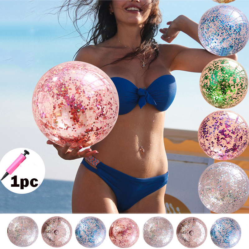 Summer 40cm 60cm Transparent Pvc Inflatable Sequin Beach Ball Sequin Balls Water Toy Photo Prop Swimming Pool Beach Party