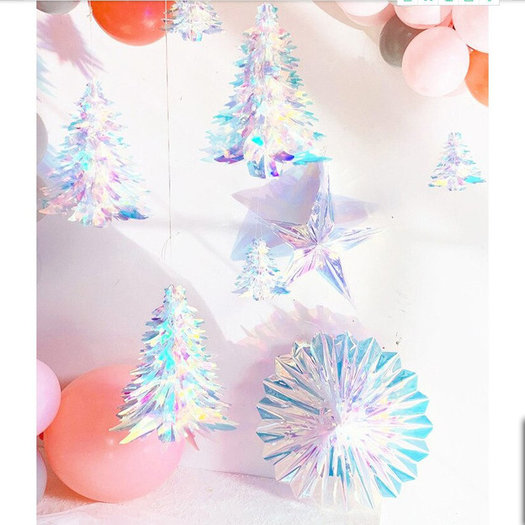 Navidad 2023 Christmas Xmas Tree Decoration Supplies Iridescent Shiny Rainbow Honeycomb Snowflake Xmas Tree Star Fan Curtains