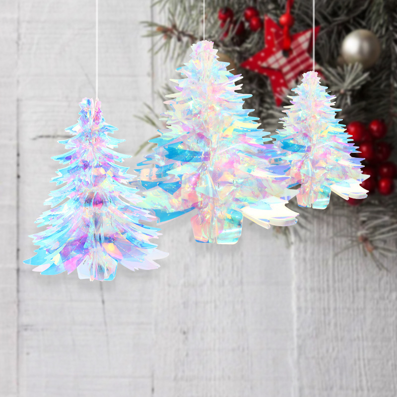 Navidad 2023 Christmas Xmas Tree Decoration Supplies Iridescent Shiny Rainbow Honeycomb Snowflake Xmas Tree Star Fan Curtains