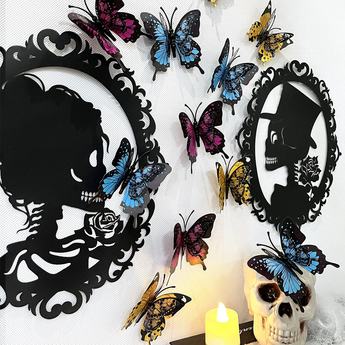 12 Pieces Set Diy Home Halloween Background Wall Decoration 3d Three-Dimensional Double Layer Bat Butterfly Wall Stickers