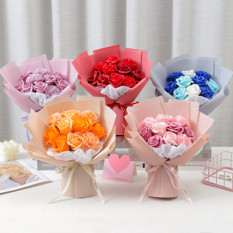 Wholesale 2024 Valentines Mother's Day Gift Artificial Simulated Carnation Rose Soap Bouquet Rose Flower Soap Gift Box