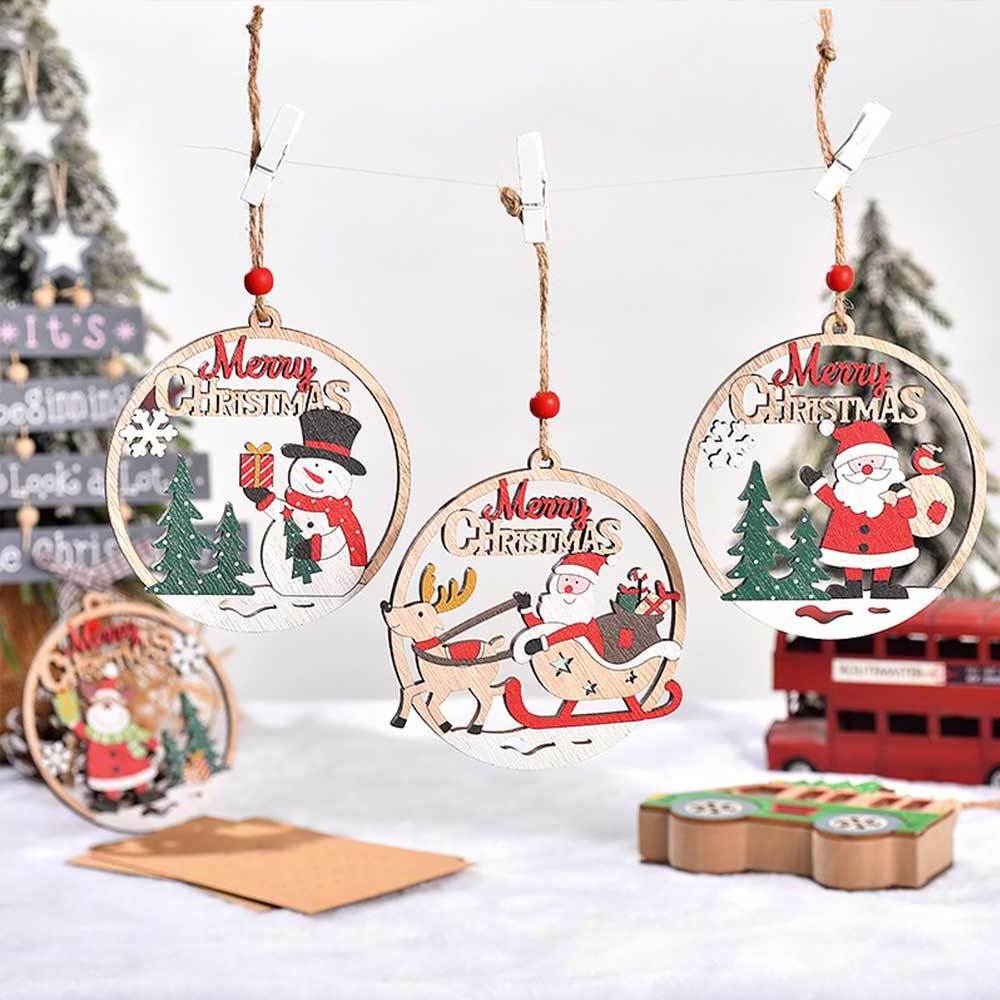 New Year Decor 2024 Christmas Tree Decoration Hollow Santa Claus Snowman Wooden Pendant Ornaments Navidad Gift