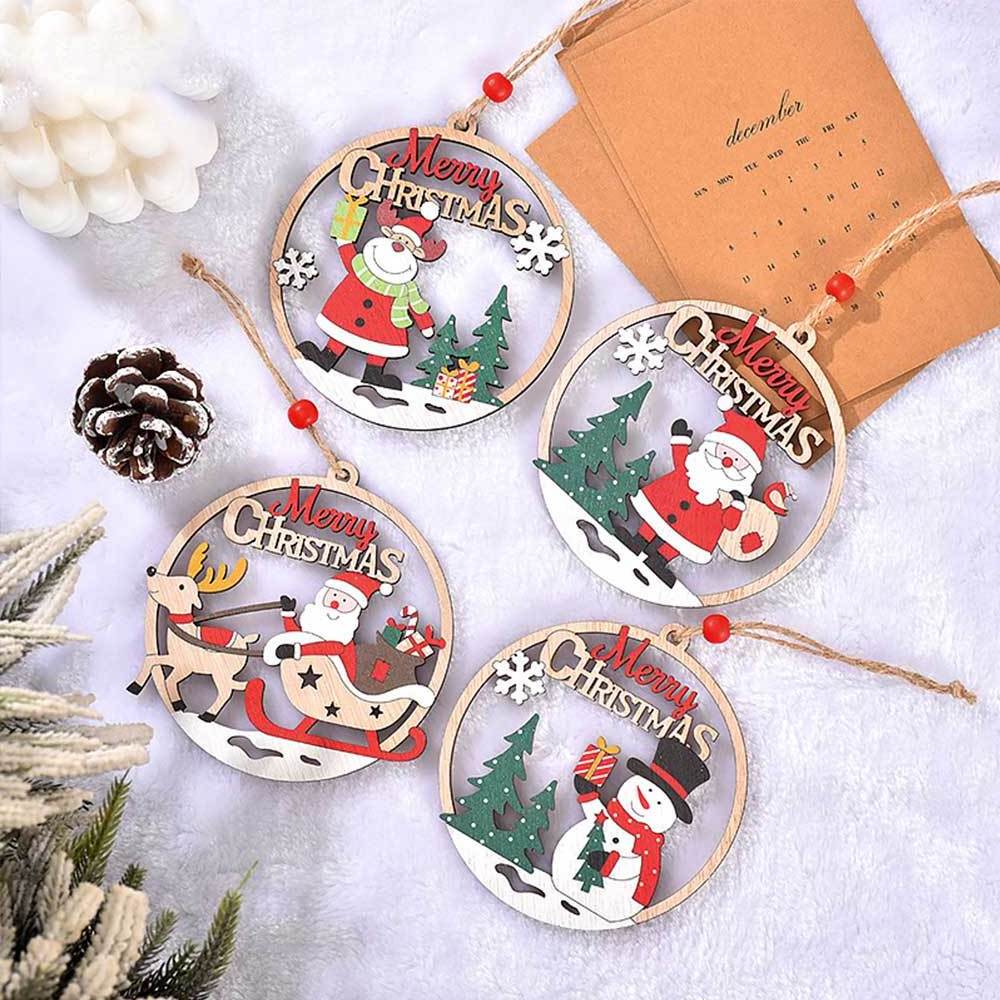 New Year Decor 2024 Christmas Tree Decoration Hollow Santa Claus Snowman Wooden Pendant Ornaments Navidad Gift