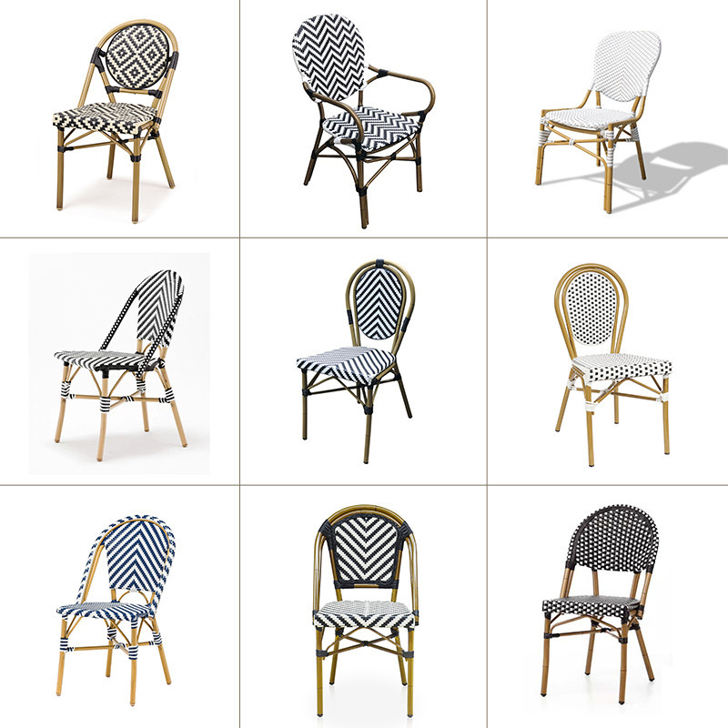 Commercial Outdoor aluminum plastic wood rattan wicker Patio French Style bistro Cafe Garden dining arm Chairs for restaurant