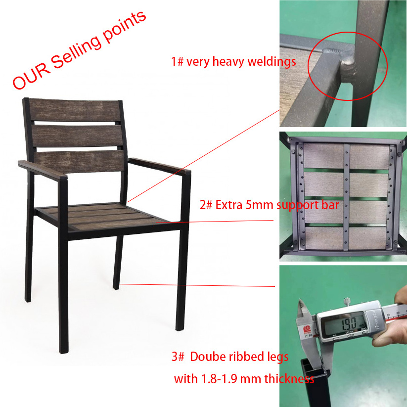 Outdoor Plastic black Aluminum frame Teak Wood outdoor bistro restaurant garden dining side Chair for commercial use