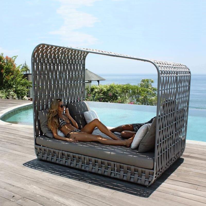 outdoor rattan swimming pool recliner furniture day beds rattan beach sunbed sun chaise lounger with canopy