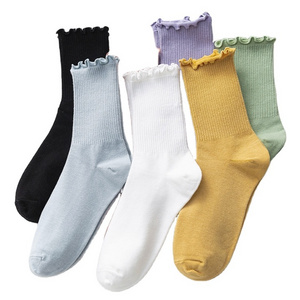 Solid color slouch socks women girl frill ruffle cotton women ribbed socks