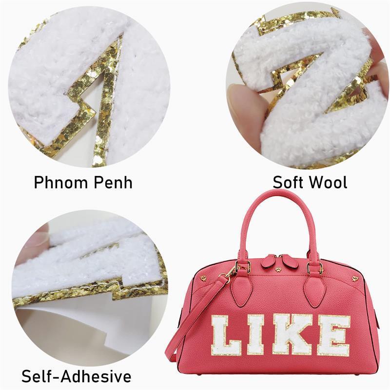 26 PCS White Chenille Letter Patches for Clothes Varsity Fuzzy Original Iron on Stick on Adhesive Embroidered Gold Glitter