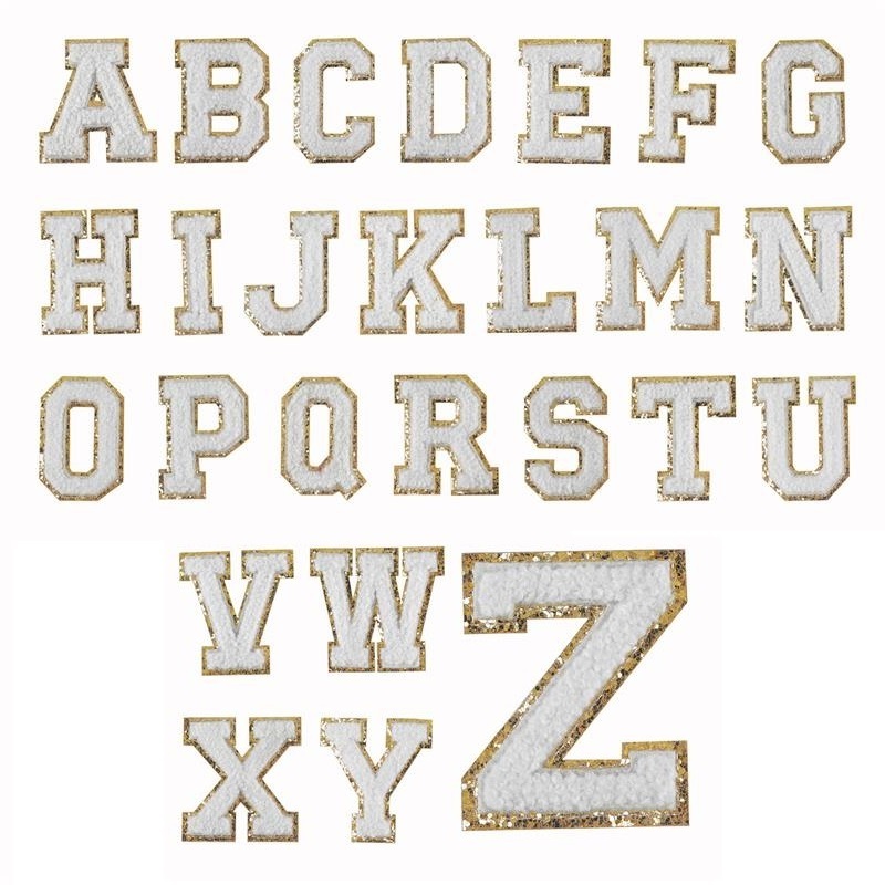 26 PCS White Chenille Letter Patches for Clothes Varsity Fuzzy Original Iron on Stick on Adhesive Embroidered Gold Glitter