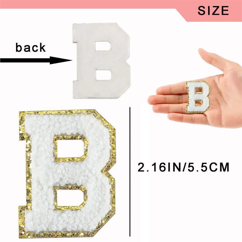 26 PCS White Chenille Letter Patches for Clothes Varsity Fuzzy Original Iron on Stick on Adhesive Embroidered Gold Glitter