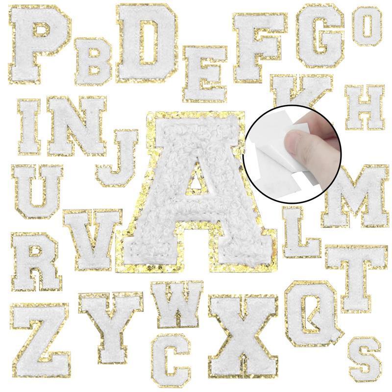 26 PCS White Chenille Letter Patches for Clothes Varsity Fuzzy Original Iron on Stick on Adhesive Embroidered Gold Glitter