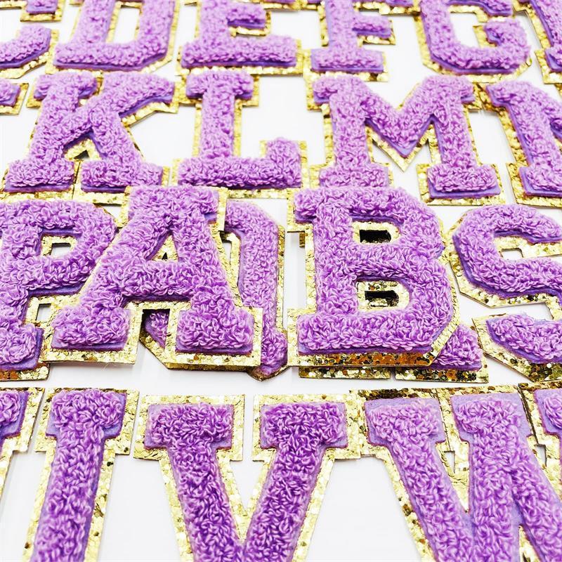 Custom Purple Chenille Letter Glitter Patch Self Adhesive Iron on Letters for Clothing Embroidery Letters patches