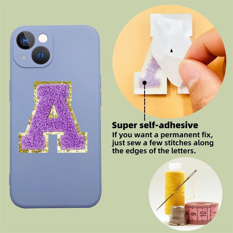 Custom Purple Chenille Letter Glitter Patch Self Adhesive Iron on Letters for Clothing Embroidery Letters patches