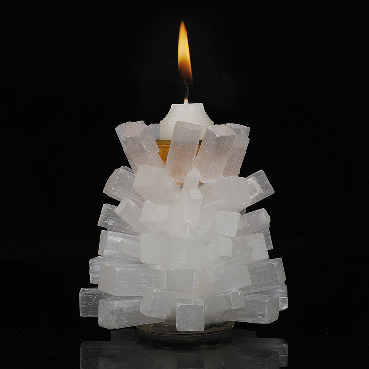 Gold Taper Tealight White Gypsum Crystal Metal Candle Holders Decorative Selenite Candle Stick Wick Holder Decor for Table