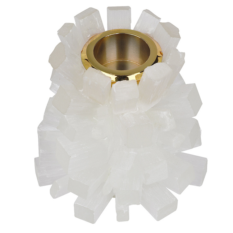 Gold Taper Tealight White Gypsum Crystal Metal Candle Holders Decorative Selenite Candle Stick Wick Holder Decor for Table