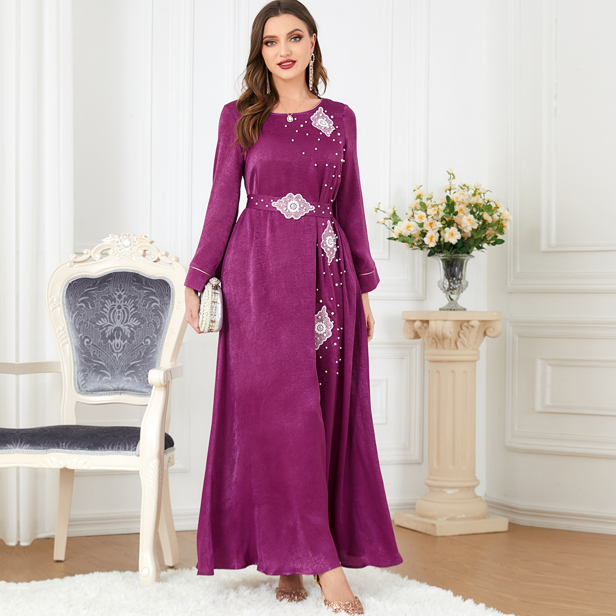 2023 Best hot selling Muslim velvet Abaya Dubai embroidery pearl decoration solid dress women Turkish Islamic Clothing Abaya