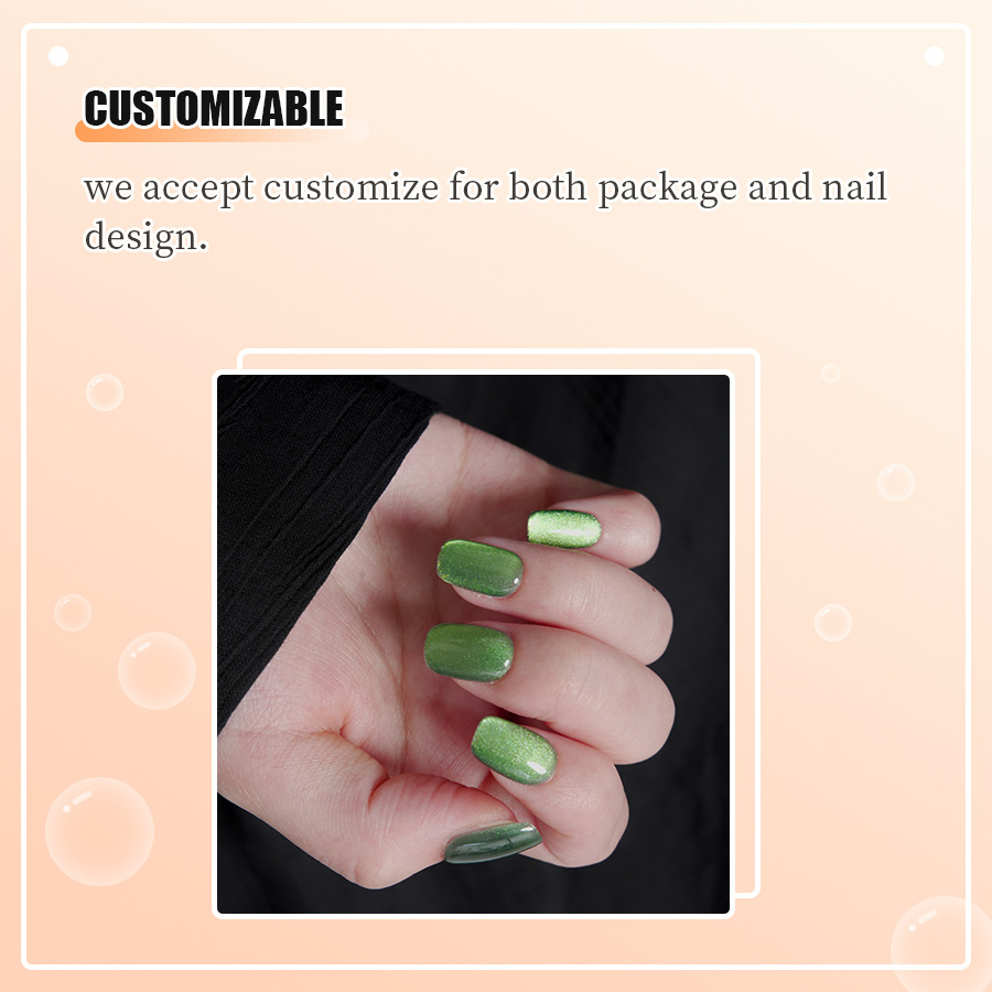 Private Label grass green Cat Eye false nails long square acrylic powder stylish reusable stick on nails with preglue