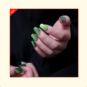 Private Label grass green Cat Eye false nails long square acrylic powder stylish reusable stick on nails with preglue