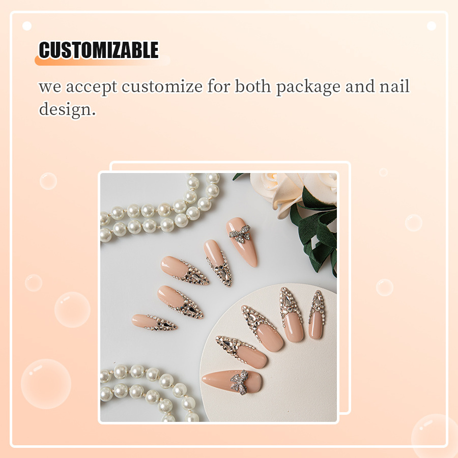 Handmade luxurious designed long stiletto artificial false nail full cover with 3D gems nails art press on nails