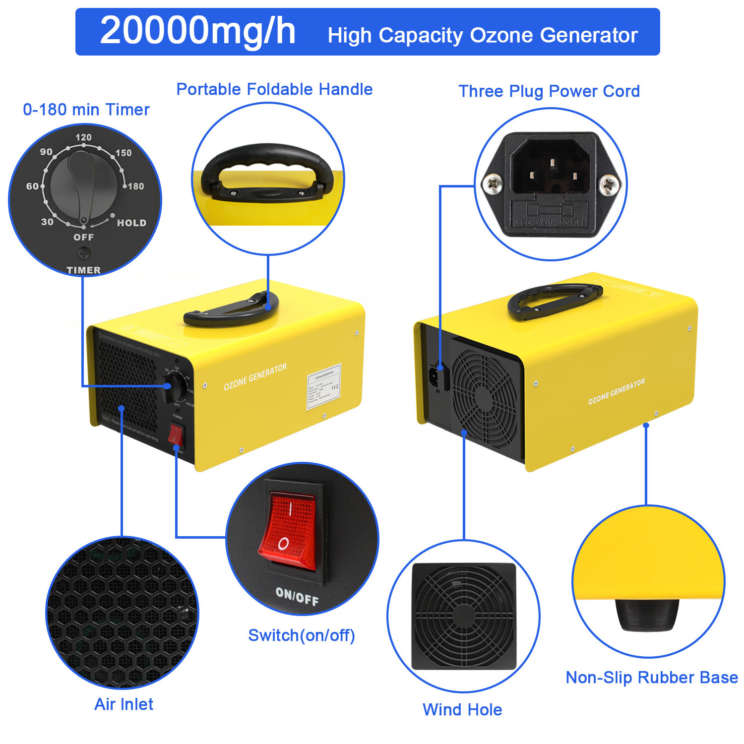 Portable Home Large Power 20000mg/h O3 Ozone Air Purifier Generator for Room Disinfection Deodorizing and Purifying