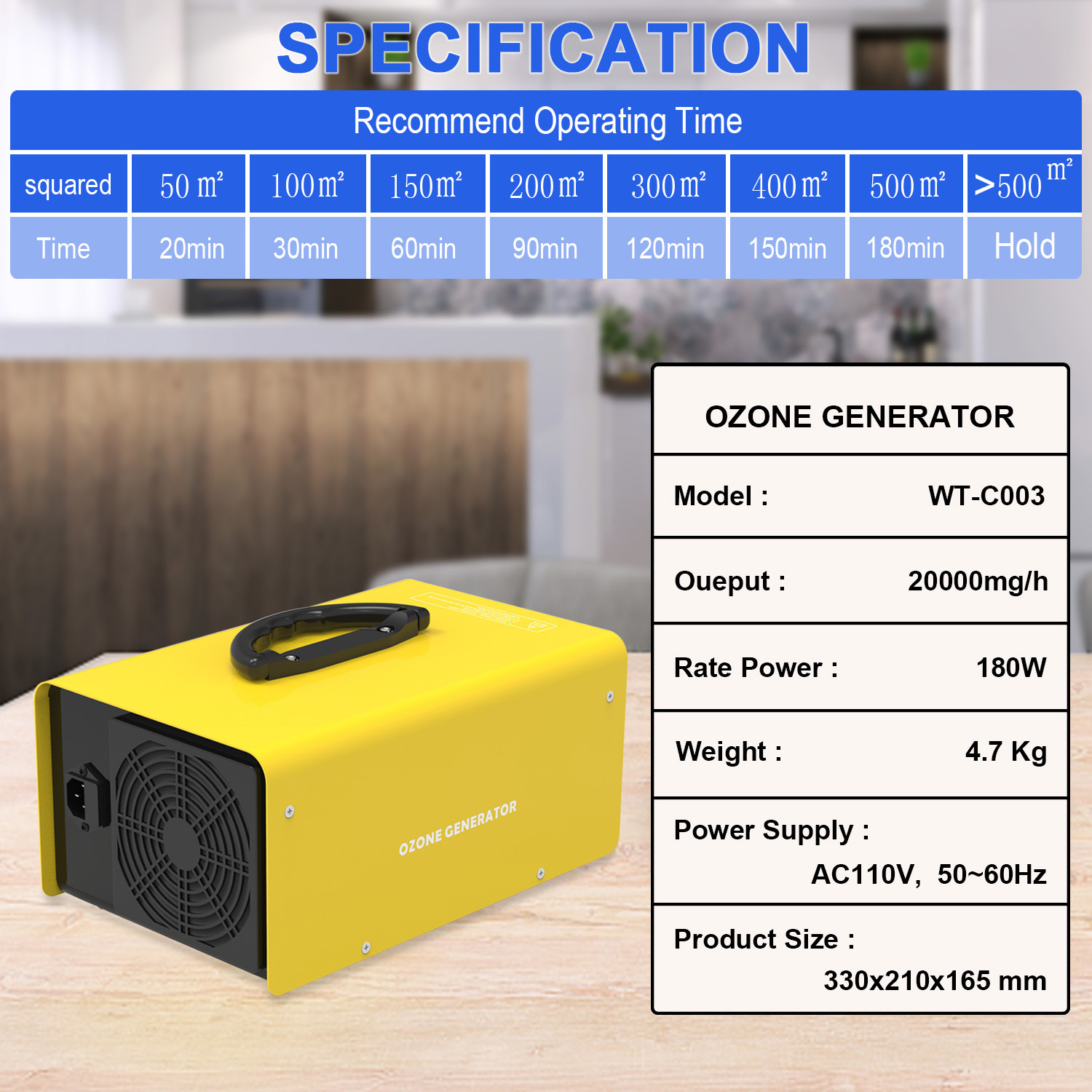 Portable Home Large Power 20000mg/h O3 Ozone Air Purifier Generator for Room Disinfection Deodorizing and Purifying