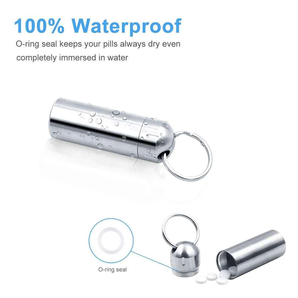 Travel Waterproof Stainless Steel Dispensers Necklace Case Metal Keychain Pill Box