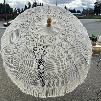 MACRAME CREAM UMBRELLA Garden Parasol Patio Tassel Umbrella Boho Designer Indonesian Umbrella