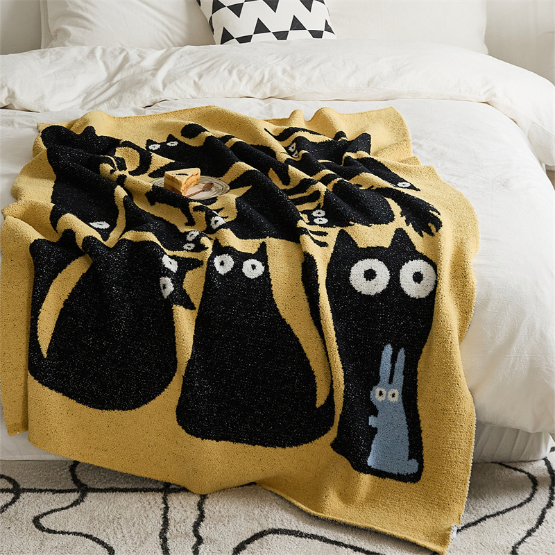 2024 New Thickened Cartoon Class A Half Fleece Kids Room Knitted Black Cat Office Shawl Nap Blanket for  Sofa