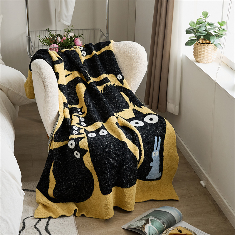 2024 New Thickened Cartoon Class A Half Fleece Kids Room Knitted Black Cat Office Shawl Nap Blanket for  Sofa