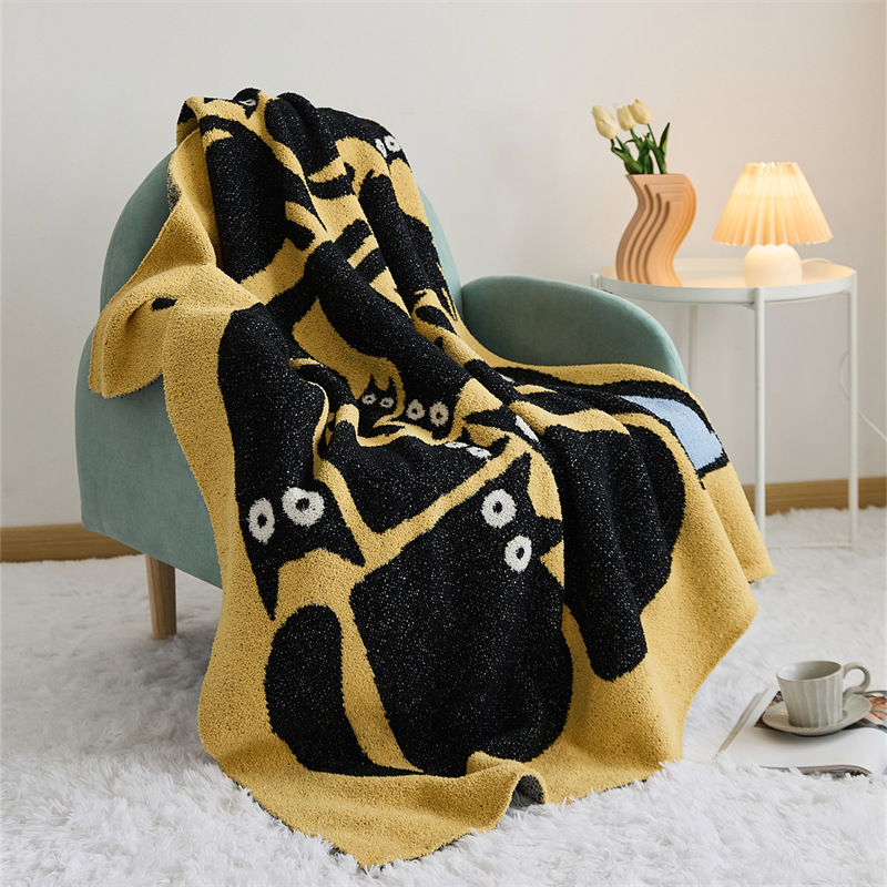 2024 New Thickened Cartoon Class A Half Fleece Kids Room Knitted Black Cat Office Shawl Nap Blanket for  Sofa