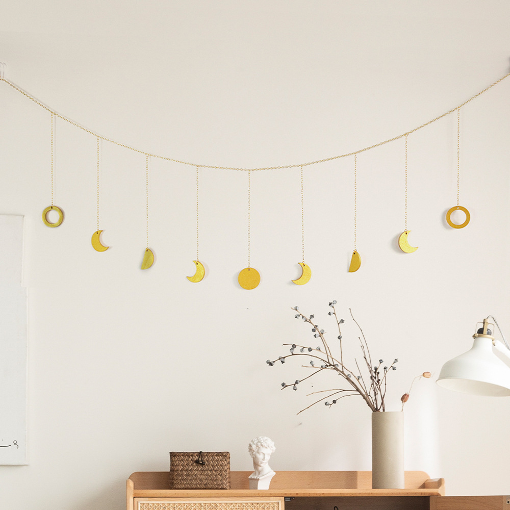 Moon Phase Garland with Chains Boho Gold Shining Hanging Ornaments Art Decor for Wedding Home Nursery Room Dorm Wall decor