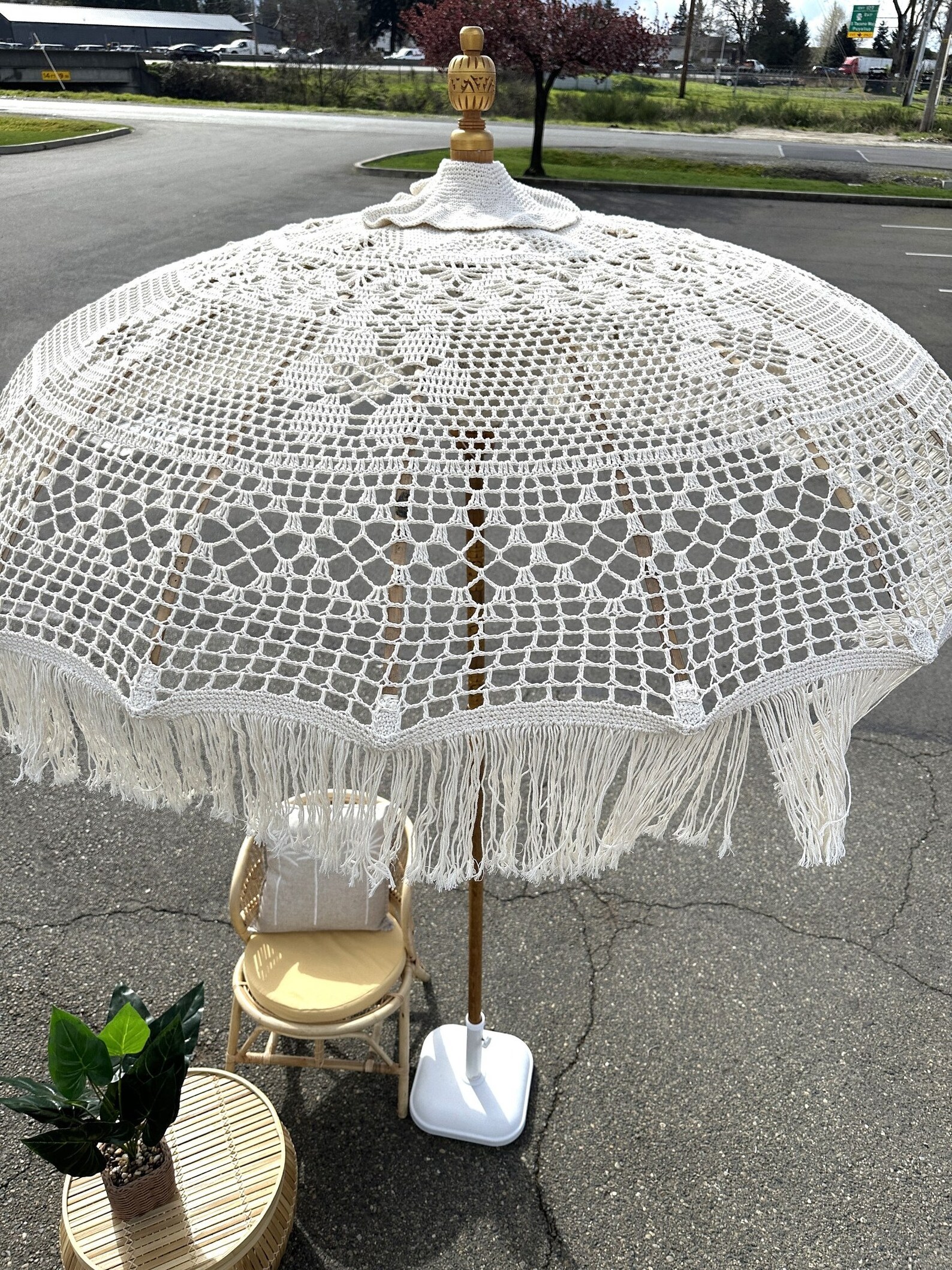 MACRAME CREAM UMBRELLA Garden Parasol Patio Tassel Umbrella Boho Designer Indonesian Umbrella