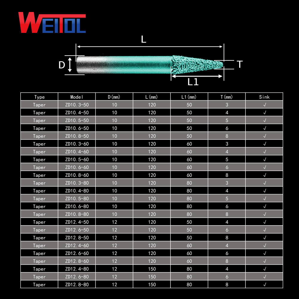 WeiTol taper vacuum brazed stone cutting bits sandstone engraving tools milling cutter