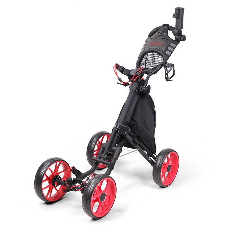 Factory Direct Custom Branded 4-Wheel Foldable Golf Push Cart Golf Trolley With Drink Holder And Umbrella Holder