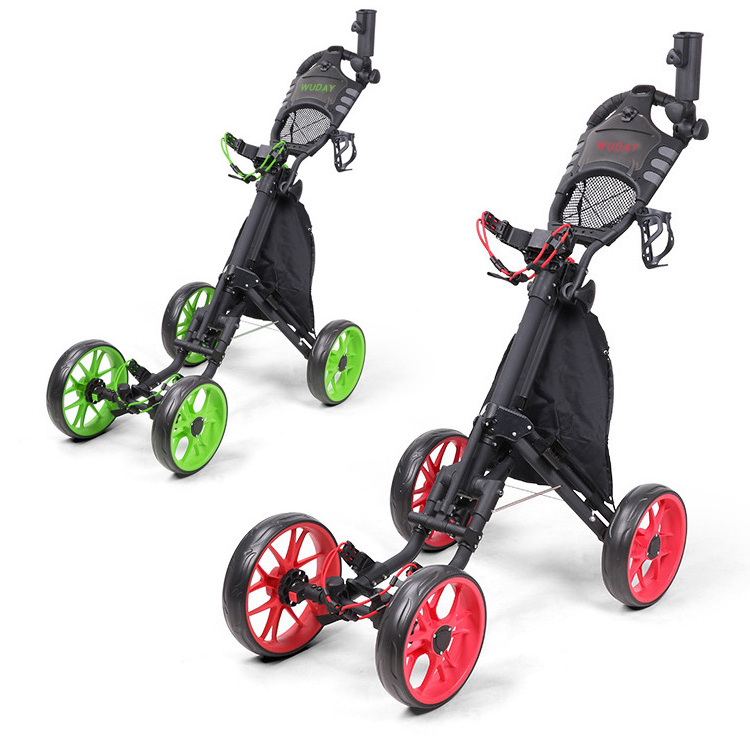 Factory Direct Custom Branded 4-Wheel Foldable Golf Push Cart Golf Trolley With Drink Holder And Umbrella Holder