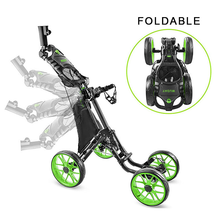 Factory Direct Custom Branded 4-Wheel Foldable Golf Push Cart Golf Trolley With Drink Holder And Umbrella Holder