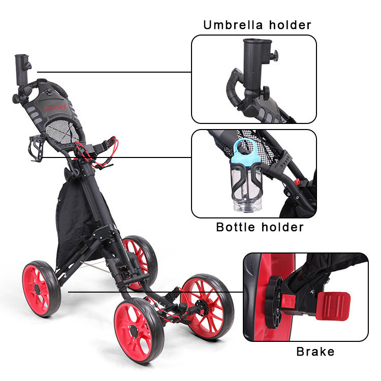 Factory Direct Custom Branded 4-Wheel Foldable Golf Push Cart Golf Trolley With Drink Holder And Umbrella Holder