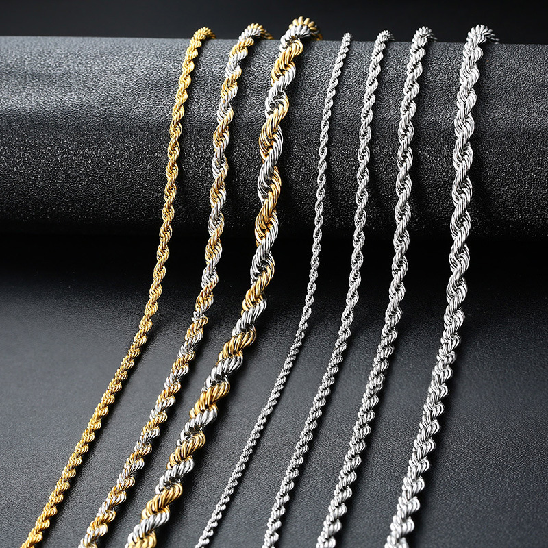 Wholesale Custom 2mm 3mm 4mm 5mm Stainless Steel Plated 14k 18k Gold Vermeil Thin Rope Chain Necklace Twisted Rope Gold Chain//